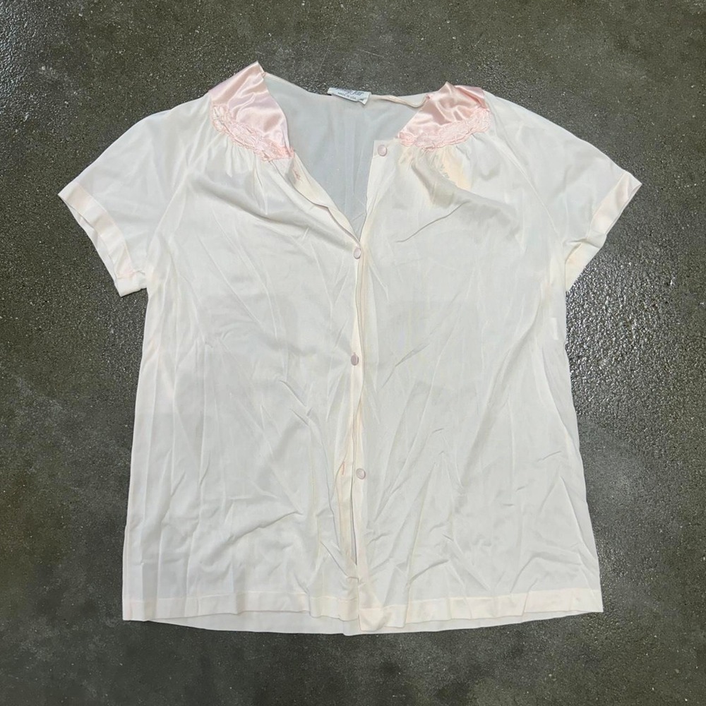 Vintage 90s Vanity Fair Sheer Pink Lace Button Front Short Sleeve Women's Large